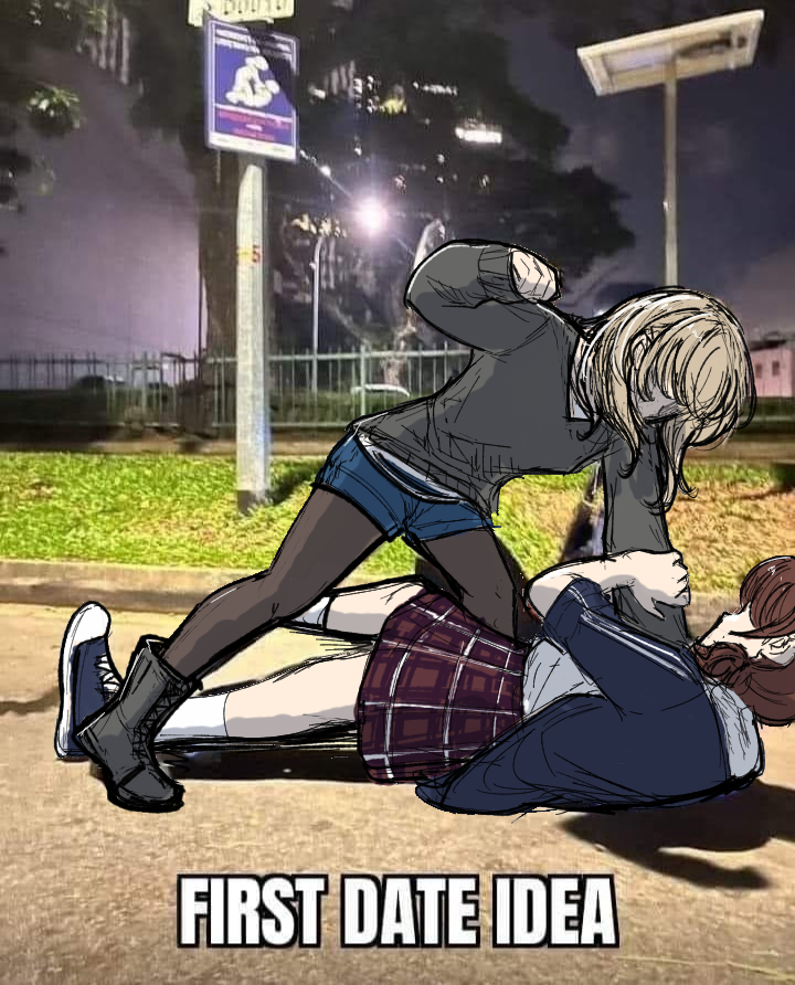 2girls, black_footwear, black_pantyhose, black_sweater, blue_jacket, blue_shorts, boots, brown_hair