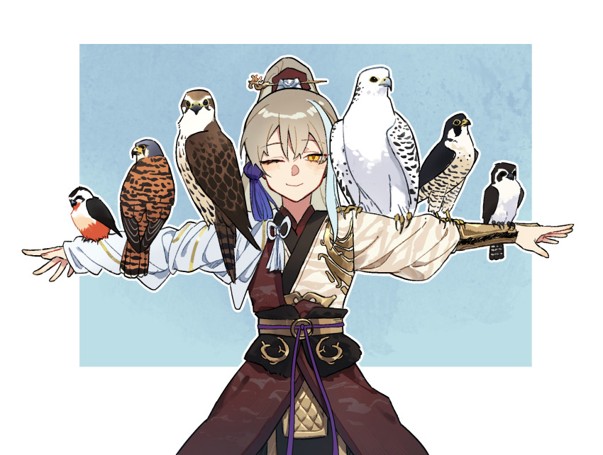 1boy, animal, animal_on_arm, animal_on_shoulder, archer_(fate/samurai_remnant), arm_guards, bird, bird_on_arm, bird_on_shoulder, black_hanfu, blush, chenchenchen598, chinese_clothes, chinese_hairpin, falcon, falconry, fate/samurai_remnant, fate_(series), grey_hair, hair_ornament, hanfu, hawk, high_ponytail, highres, long_hair, looking_at_viewer, male_focus, multicolored_hair, one_eye_closed, outstretched_arms, ponytail, red_hanfu, sidelocks, simple_background, smile, solo, spread_arms, streaked_hair, tassel, tassel_hair_ornament, white_hair, white_hanfu, xiao_guan_(headdress), yellow_eyes