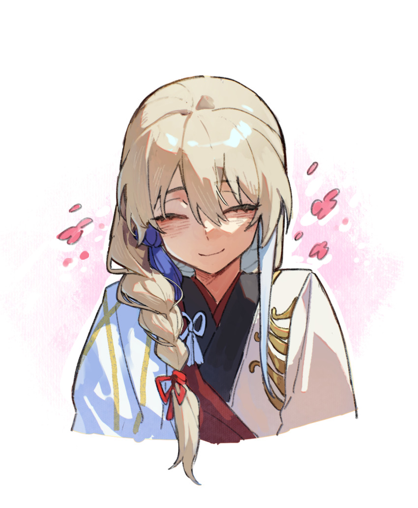 1boy, ^_^, alternate_hairstyle, archer_(fate/samurai_remnant), black_hanfu, blush, braid, braided_ponytail, chenchenchen598, chinese_clothes, closed_eyes, fate/samurai_remnant, fate_(series), grey_hair, hair_ornament, hair_over_shoulder, hanfu, highres, long_hair, male_focus, multicolored_hair, simple_background, single_braid, smile, solo, streaked_hair, tassel, tassel_hair_ornament, upper_body, white_background, white_hair, white_hanfu