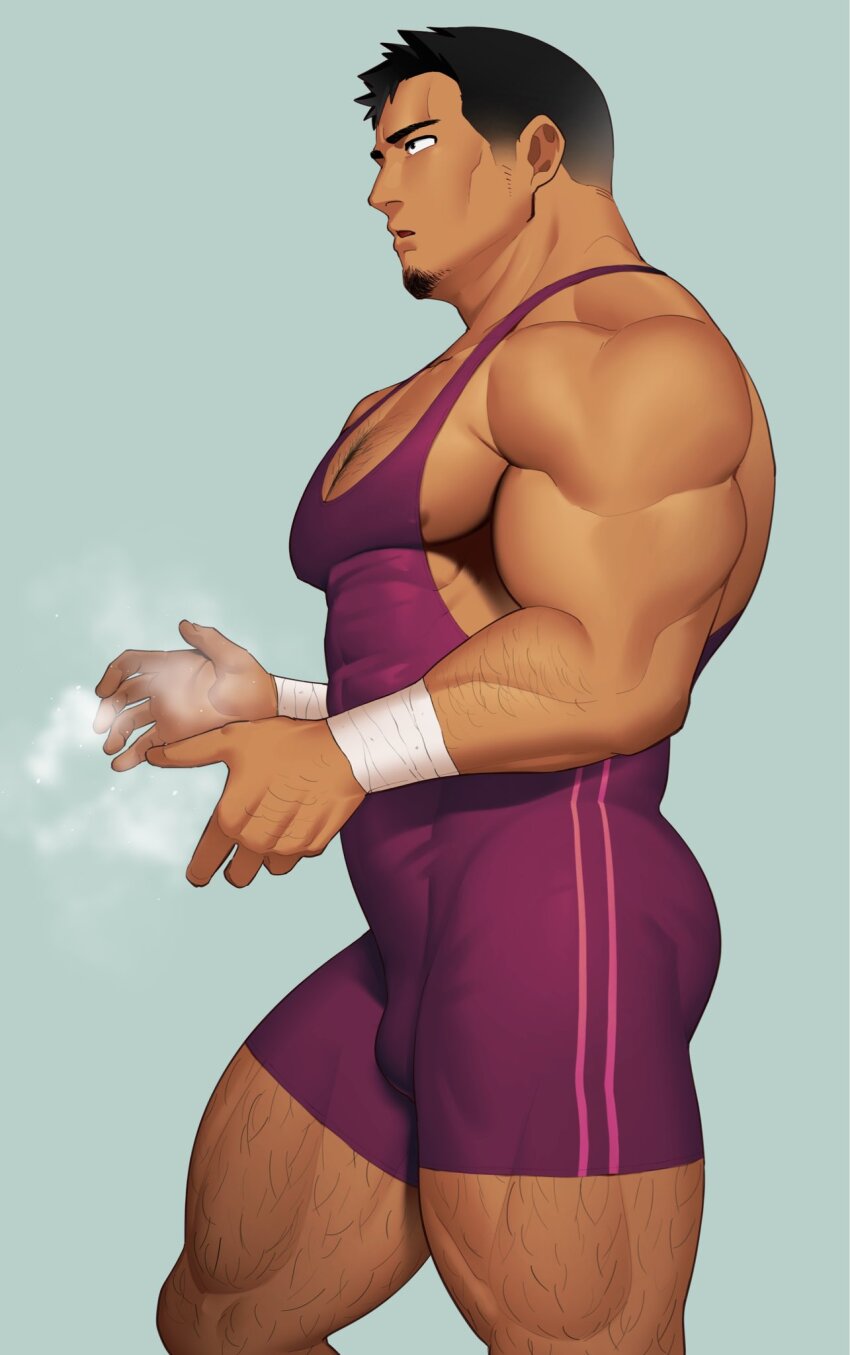 1boy, areola_slip, bara, bulge, covered_erect_nipples, cowboy_shot, dark-skinned_male, dark_skin, facial_hair, facing_ahead, from_side, goatee, hairy, highres, kansuke_(kansuke_717), large_pectorals, male_focus, mature_male, muscular, muscular_male, nipples, original, pectoral_cleavage, pectorals, powder, profile, short_hair, sideburns, sidepec, singlet, sparse_arm_hair, sparse_chest_hair, sparse_leg_hair, standing, thick_eyebrows, thick_thighs, thighs, tsurime, walking