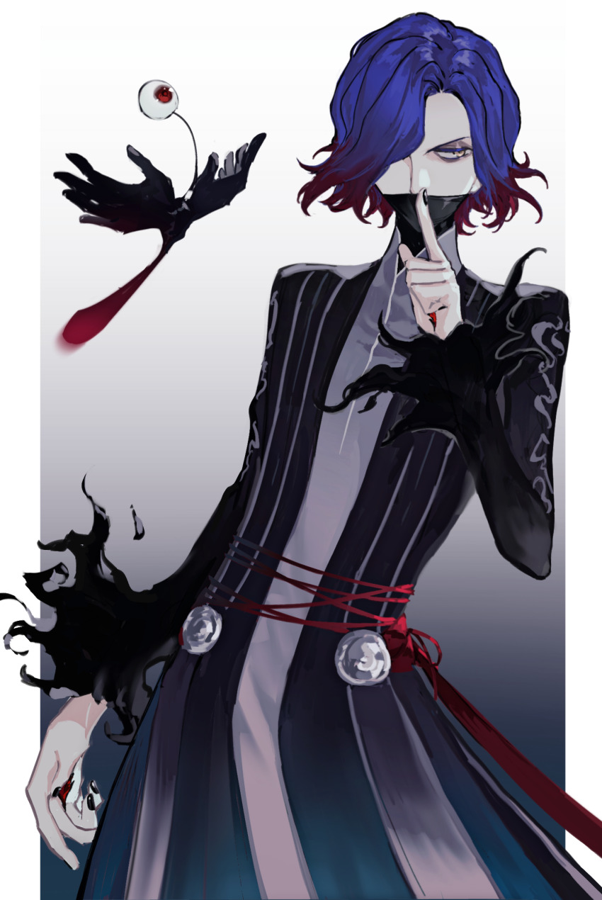 1boy, black_nails, black_robe, blue_hair, caster_(fate/samurai_remnant), eyeball, familiar, fate/samurai_remnant