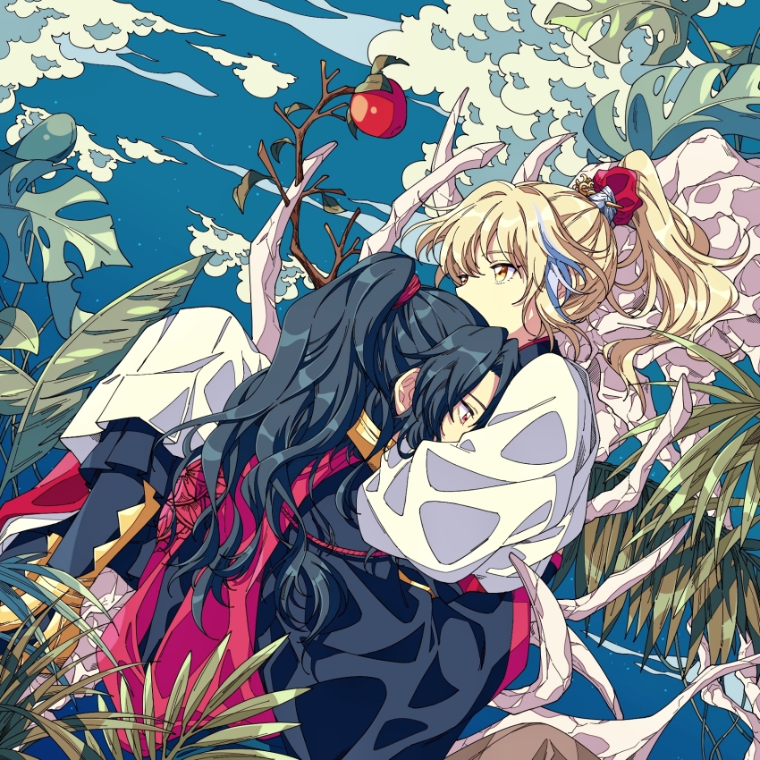 2boys, apple, archer_(fate/samurai_remnant), black_hanfu, blue_sky, branch, chinese_clothes, chinese_hairpin