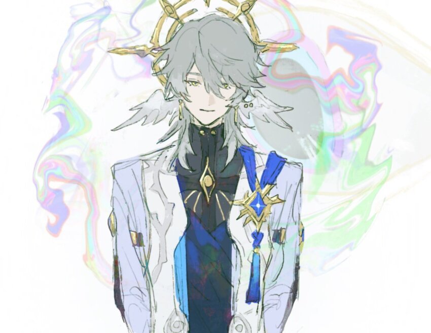 1boy, black_shirt, brooch, closed_mouth, coat, ehrx8n, grey_hair, halo