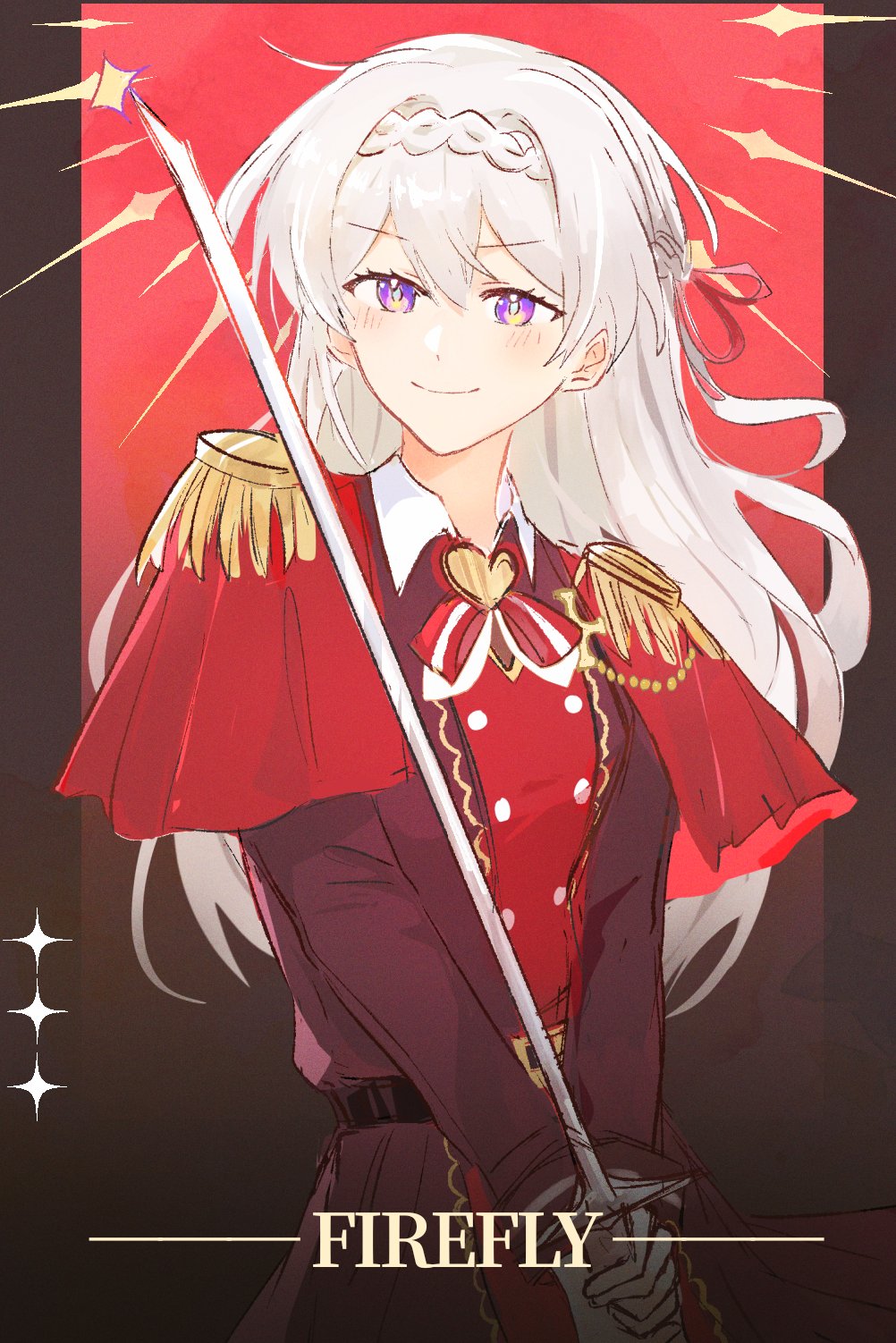 1girl, aiguillette, black_jacket, blush, bow, bowtie, braid, brooch