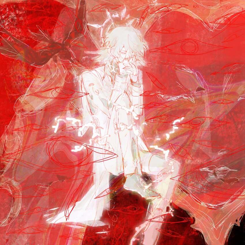 1boy, abstract, bird, black_shoes, coat, ehrx8n, ena_(honkai:_star_rail), gloves