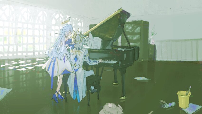 1boy, 1girl, blue_footwear, blue_hair, coat, detached_sleeves, dress, ehrx8n