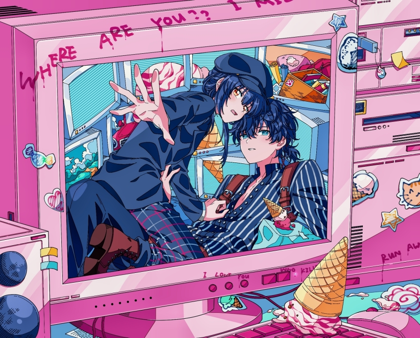 1boy, 1other, black_hair, blush, boots, checkered_clothes, checkered_pants, computer_keyboard