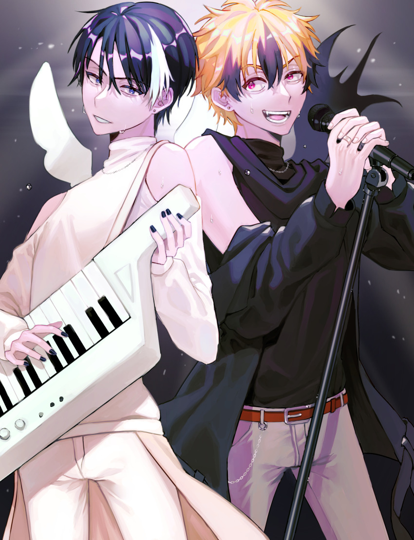 2boys, black_hair, blonde_hair, concert, highres, holding, holding_instrument, instrument