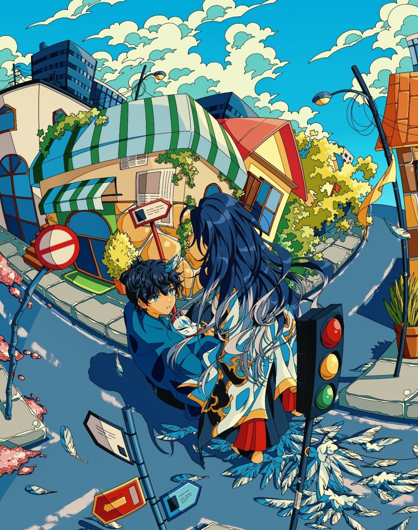 1boy, 1other, ahoge, back, black_hair, blue_eyes, blue_kimono, blue_sky