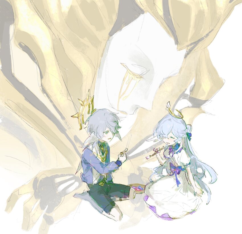 1boy, 1girl, blue_bow, blue_hair, bow, brother_and_sister, dress, ehrx8n