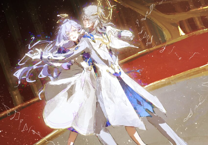 1boy, 1girl, blue_eyes, blue_hair, brother_and_sister, coat, dancing, dress, ehrx8n, feet_out_of_frame, floating_hair, full_body, gloves, halo, head_wings, highres, honkai:_star_rail, honkai_(series), indoors, long_hair, long_sleeves, music, open_mouth, robin_(honkai:_star_rail), siblings, smile, sunday_(honkai:_star_rail), sunday_(sacerdos'_relived_ordeal)_(honkai:_star_rail), very_long_hair, white_coat, white_dress, white_gloves, wings
