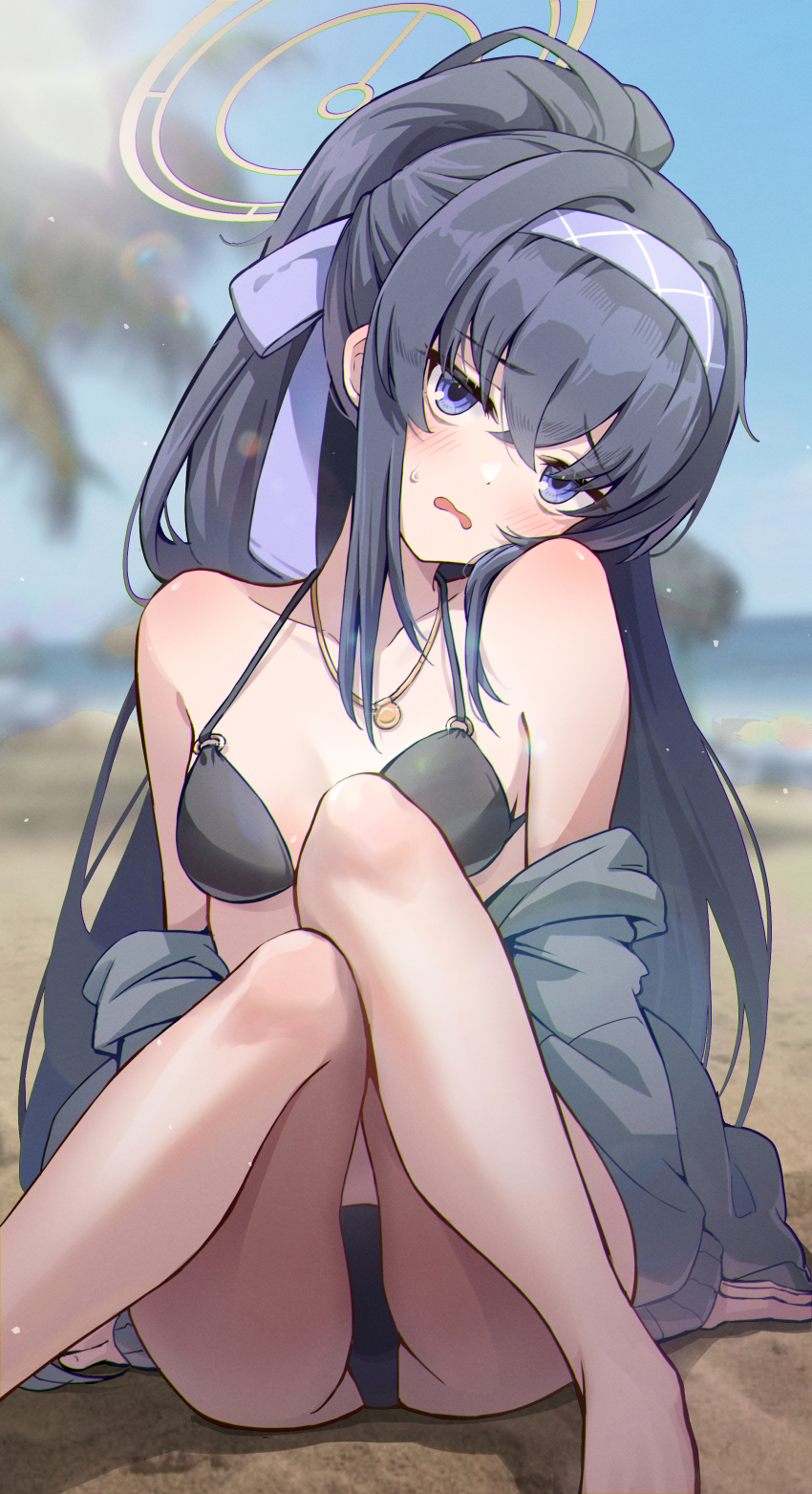 1girl, absurdres, bags_under_eyes, beach, bikini, black_bikini, black_hair, blue_archive