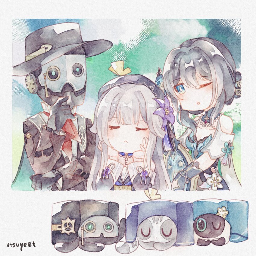 1boy, 2girls, android, aqua_eyes, beret, black_coat, black_gloves, black_hair