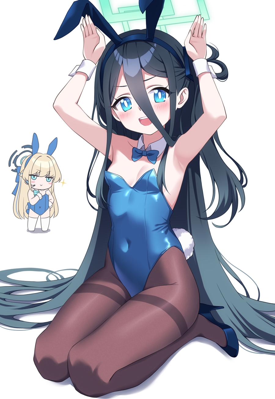 2girls, animal_ears, aqua_bow, aqua_bowtie, aqua_halo, aris_(blue_archive), black_hair, blonde_hair, blue_archive, blue_eyes, blue_hairband, blue_halo, blue_leotard, bow, bowtie, braid, buta_(dhakaoat), detached_collar, earpiece, fake_animal_ears, hair_between_eyes, hairband, half_up_braid, halo, highleg, highleg_leotard, highres, leotard, loli, long_hair_between_eyes, multiple_girls, playboy_bunny, rabbit_ears, rectangular_halo, strapless, strapless_leotard, toki_(blue_archive), toki_(bunny)_(blue_archive), white_wrist_cuffs, wrist_cuffs