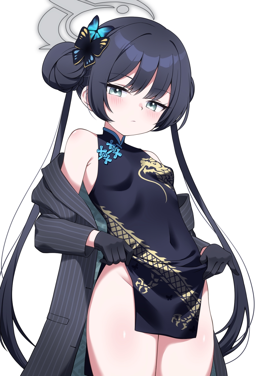 1girl, black_dress, black_gloves, black_hair, blue_archive, blush, breasts, buta_(dhakaoat)