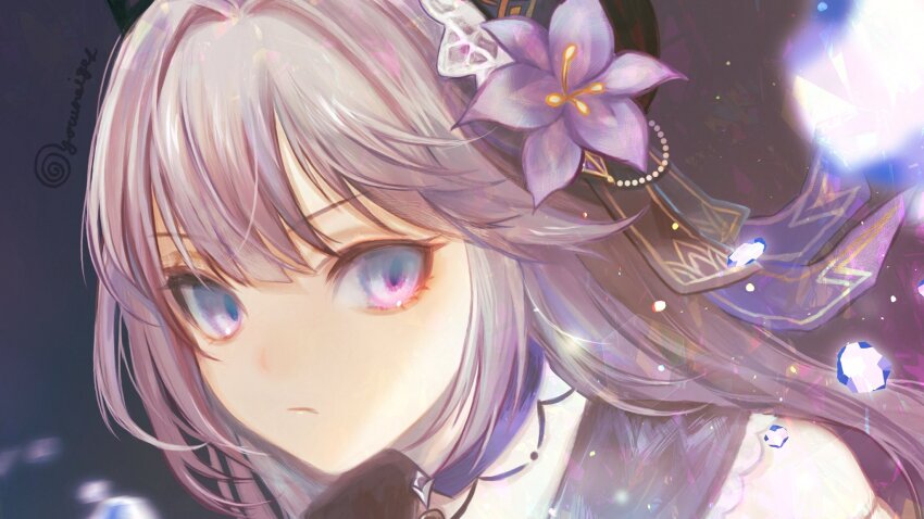 1girl, beret, black_hat, black_ribbon, brown_hair, choker, flower, hair_ribbon