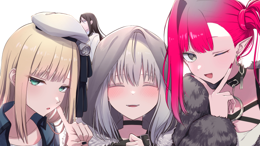 1boy, 3girls, absurdres, baobhan_sith_(comiket_103)_(fate), baobhan_sith_(fate), black_hair, black_nails, blonde_hair, blue_jacket, blush, choker, closed_eyes, earrings, fate/grand_order, fate_(series), fur-trimmed_jacket, fur_trim, gray_(fate), green_eyes, grey_eyes, grey_hood, hand_up, hat, highres, jacket, jewelry, long_hair, looking_at_viewer, lord_el-melloi_ii, multiple_girls, nail_polish, open_mouth, pink_hair, pointy_ears, red_nails, reines_el-melloi_archisorte, shirt, shitsugaikotsu, side_ponytail, single_sidelock, smile, upper_body, v, waver_velvet, white_background, white_hat, white_shirt