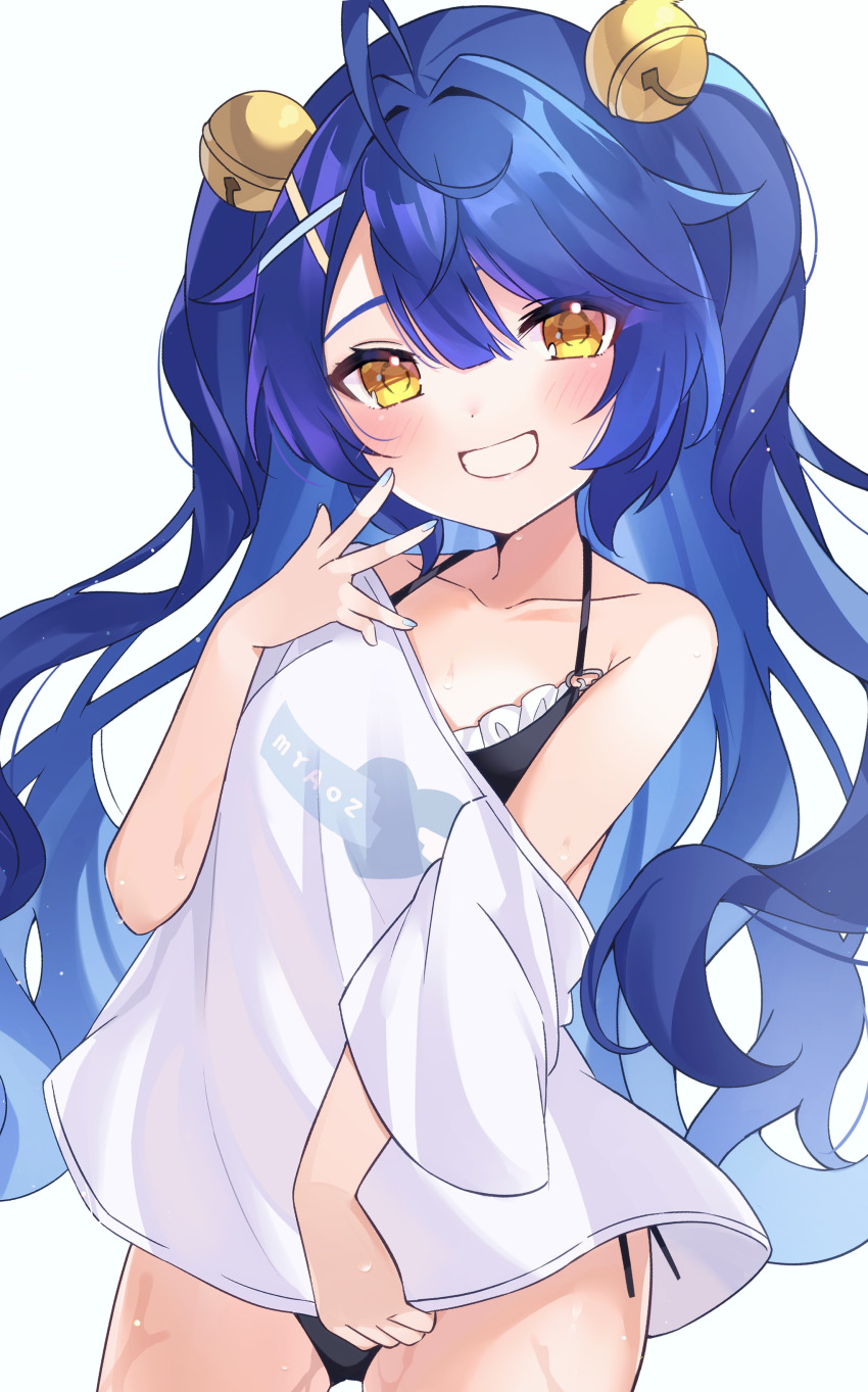 absurdres, ahoge, amamiya_kokoro, bell, blue_hair, blue_nails, grin, hair_bell