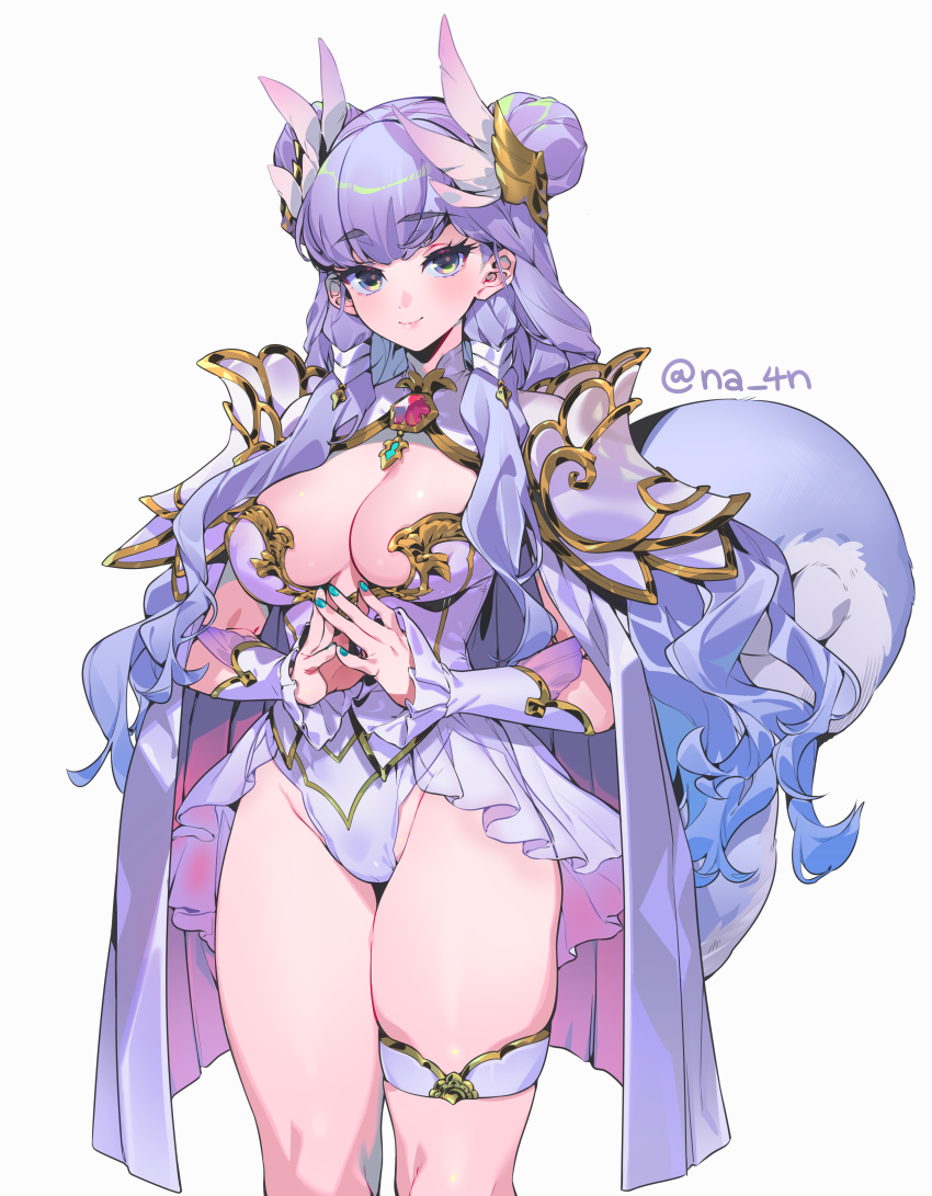 1girl, absurdres, armor, blush, breasts, cleavage, closed_mouth, double_bun, green_nails, hair_bun, hair_ornament, highleg, highleg_leotard, highres, large_breasts, leotard, lips, long_hair, looking_at_viewer, naso4, palamena_(visions_of_mana), purple_eyes, purple_hair, seiken_densetsu, shoulder_armor, simple_background, smile, solo, squirrel_tail, standing, tail, visions_of_mana, white_background, white_leotard, wing_hair_ornament