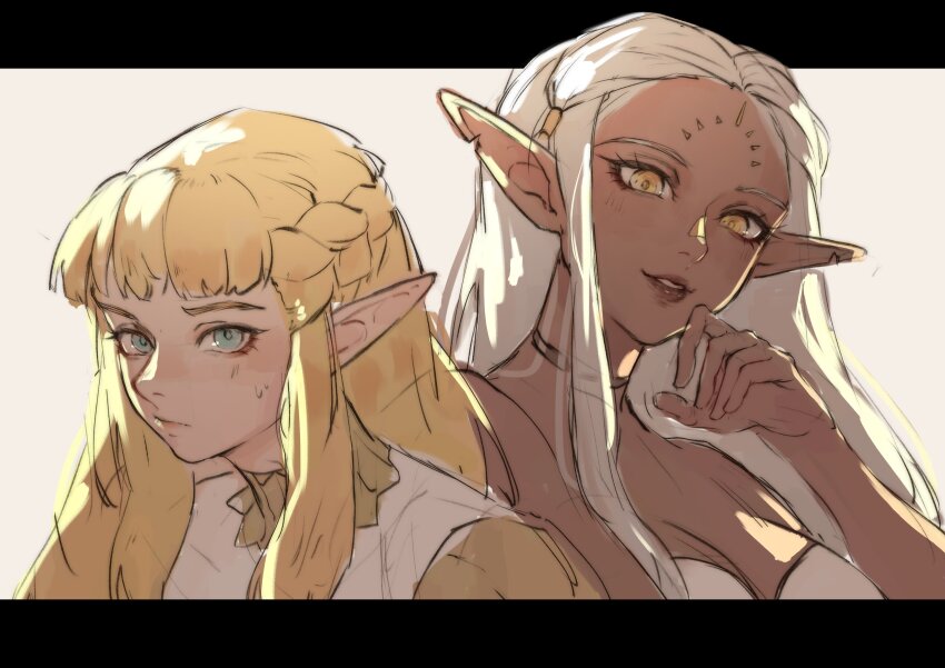 2girls, absurdres, blonde_hair, blue_eyes, braid, breasts, choker, cithis