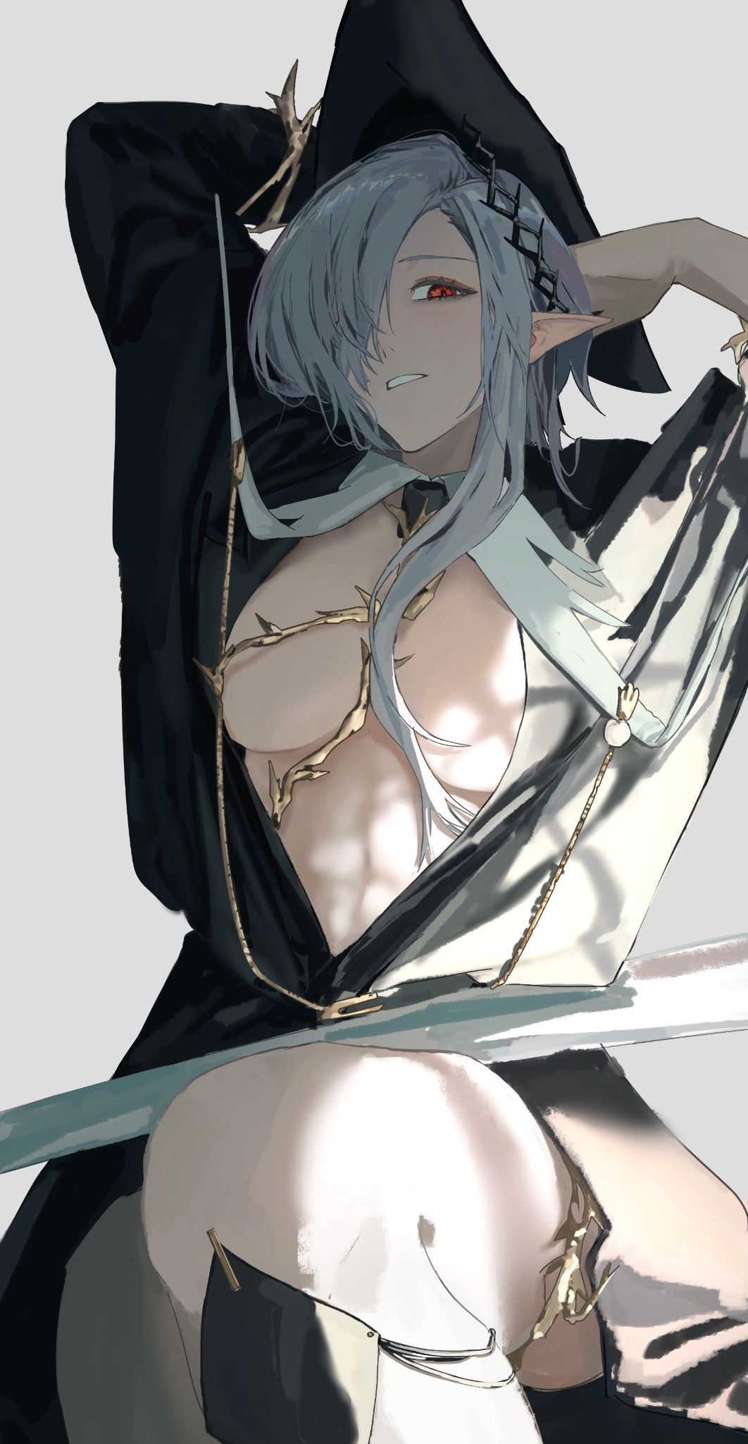 1girl, arknights, arms_behind_head, arms_up, gladiia_(arknights), gladiia_(i_am_the_tides)_(arknights), grey_background, hair_ornament