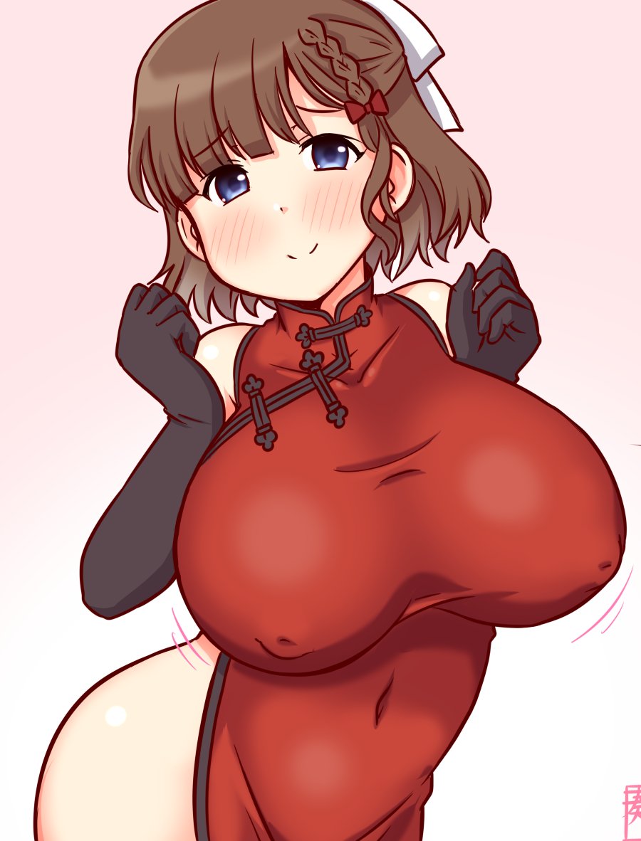 1girl, asahi_(kancolle), black_gloves, blush, bouncing_breasts, braid, breasts, brown_hair