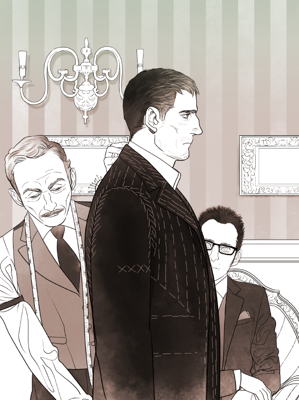 3boys, beard_stubble, cowboy_shot, dark-skinned_male, dark_skin, dressing_another, facial_hair, formal_clothes