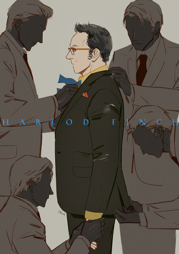 5boys, adjusting_clothes, adjusting_necktie, black_hair, character_name, chive, cowboy_shot, dressing_another