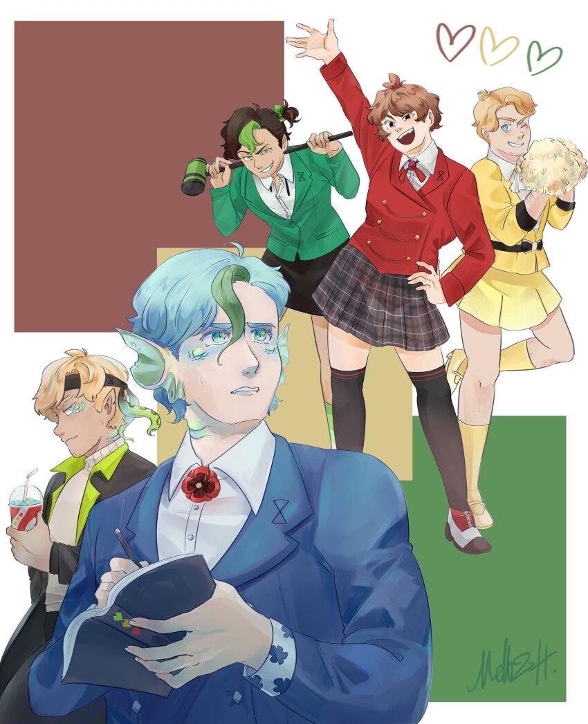 5boys, abstract_background, absurdres, ahoge, blonde_hair, blue_eyes, blue_hair, book