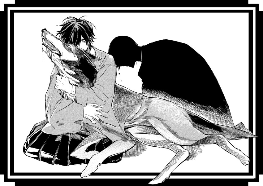 2boys, absurdres, animal, blood, blood_on_clothes, border, dog, greyscale