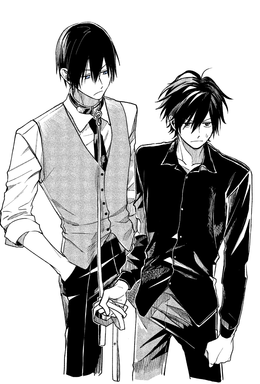 2boys, absurdres, blue_eyes, buttons, clenched_hand, closed_mouth, collar, collared_shirt