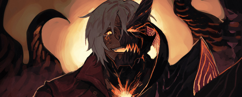 1boy, black_sclera, colored_sclera, dante_(devil_may_cry), demon, demon_boy, demon_horns, devil_may_cry_(series), devil_may_cry_5, devil_trigger, evanolge, glowing, glowing_eyes, highres, horns, looking_at_viewer, male_focus, muscular, muscular_male, sin_devil_trigger, smile, solo, white_hair