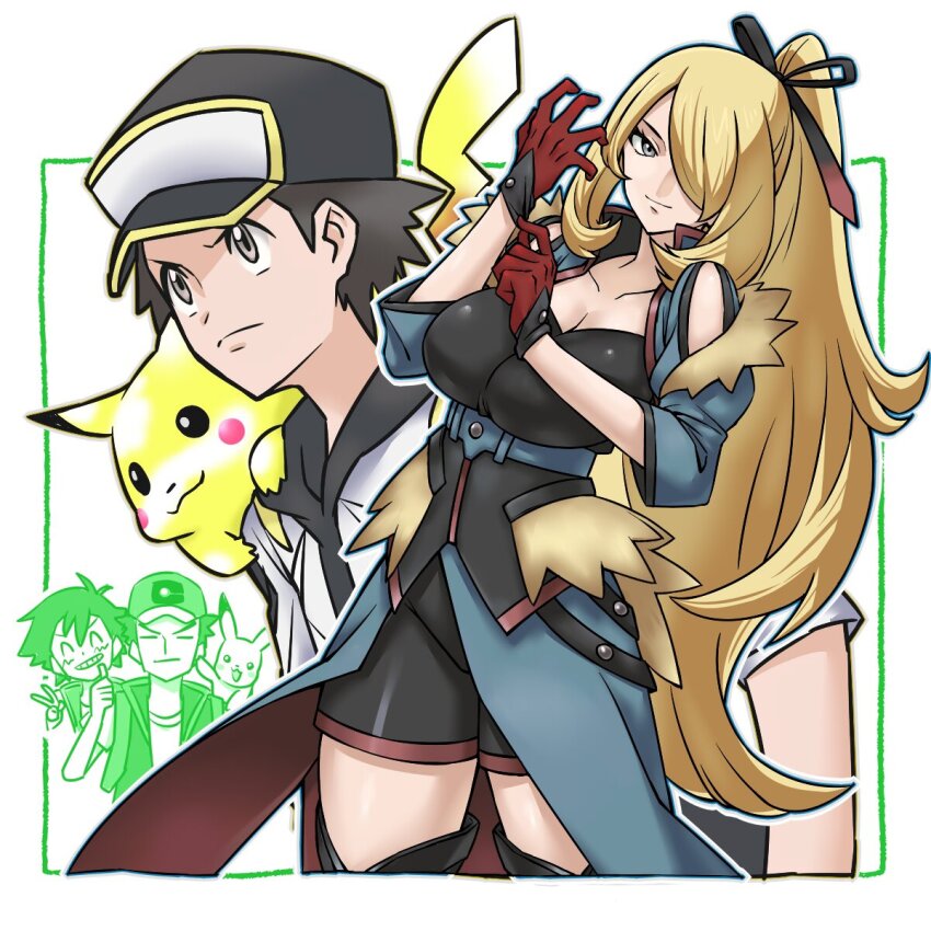 1girl, 3boys, adjusting_clothes, adjusting_gloves, ash_ketchum, black_hat, black_ribbon, black_shorts