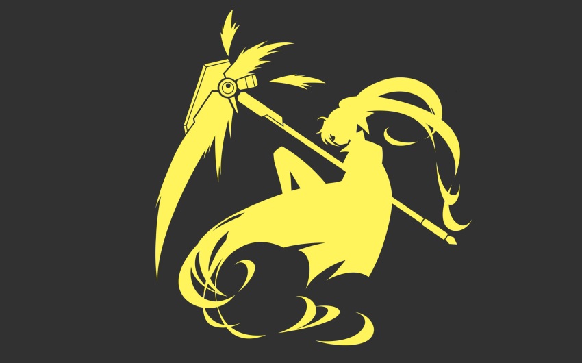 00s, bardiche_(haken_form)_(nanoha), bardiche_(nanoha), cape, dark, fate_testarossa, highres, long_hair, lyrical_nanoha, mahou_shoujo_lyrical_nanoha, monochrome, mumulatte, profile, scythe, silhouette, twintails, very_long_hair, weapon, yellow_theme