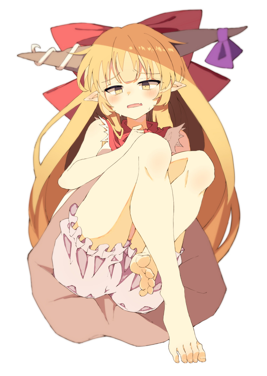 1girl, absurdres, barefoot, blonde_hair, blush, bow, feet, hair_bow