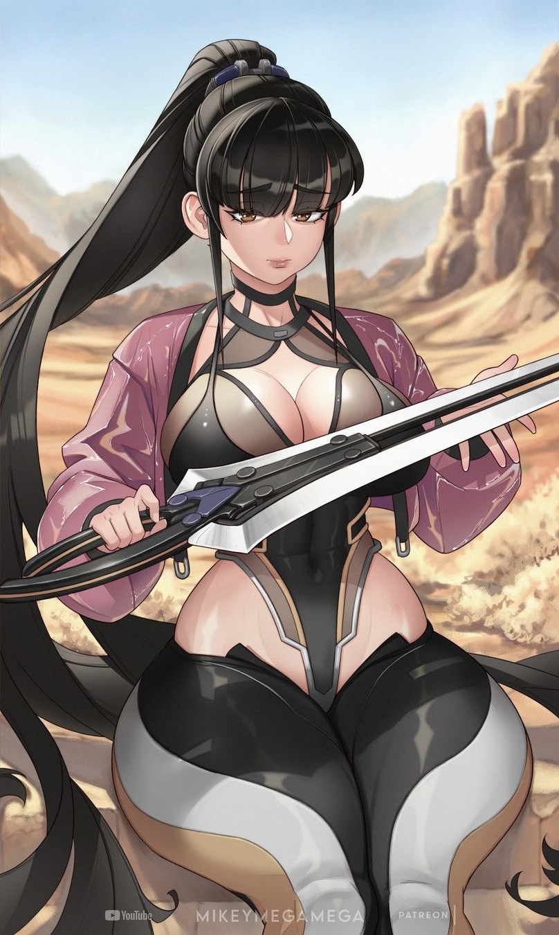 1girl, black_hair, breasts, brown_eyes, desert, eve_(stellar_blade), highres, jacket