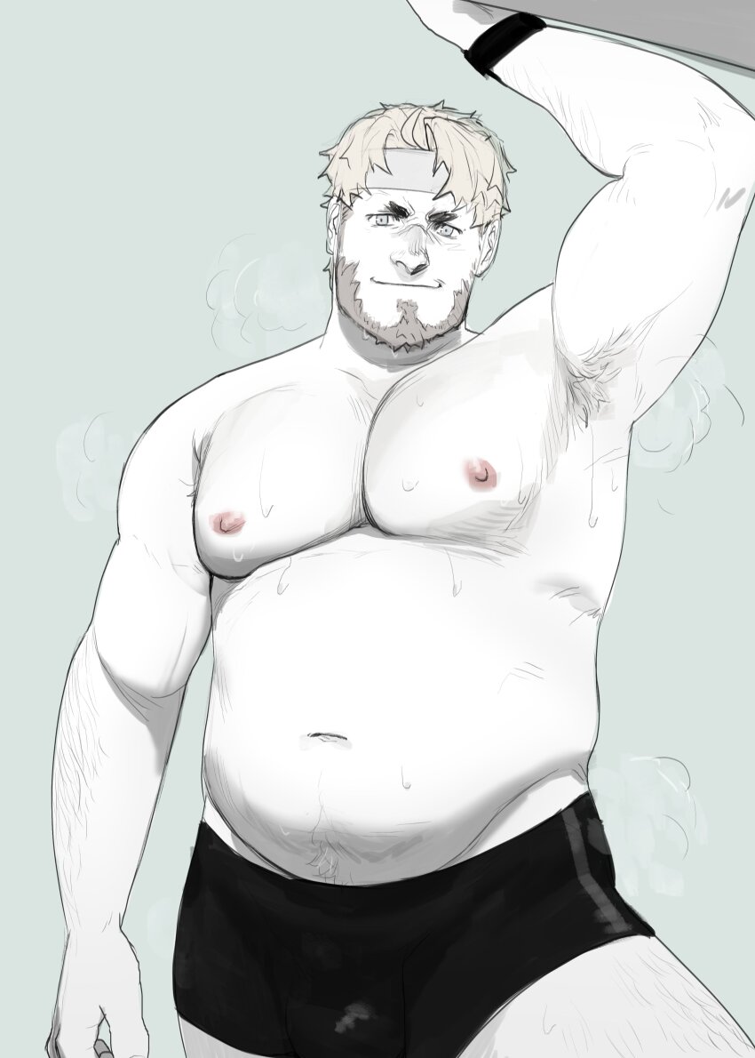 1boy, absurdres, armpit_hair, armpit_hair_peek, armpits, bara, barry_goodman, beard