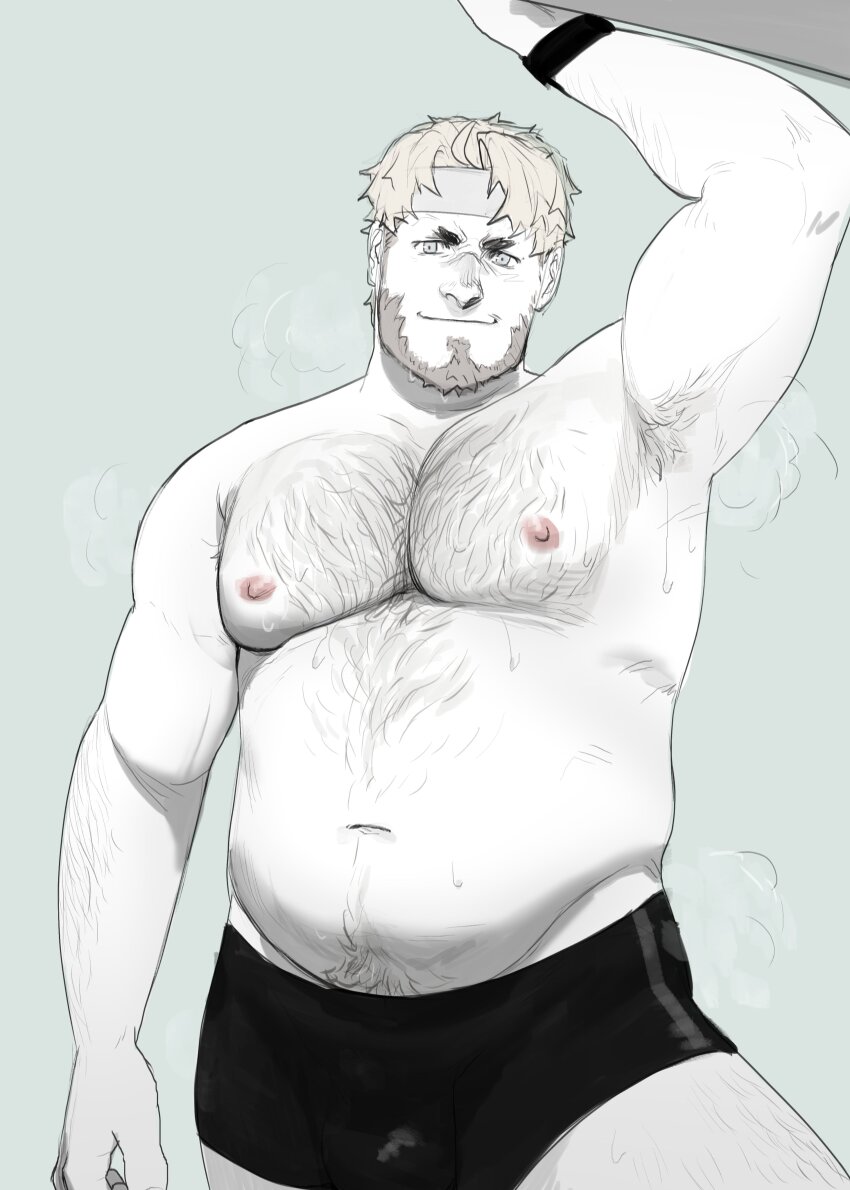 1boy, absurdres, armpit_hair, armpit_hair_peek, armpits, bara, barry_goodman, beard