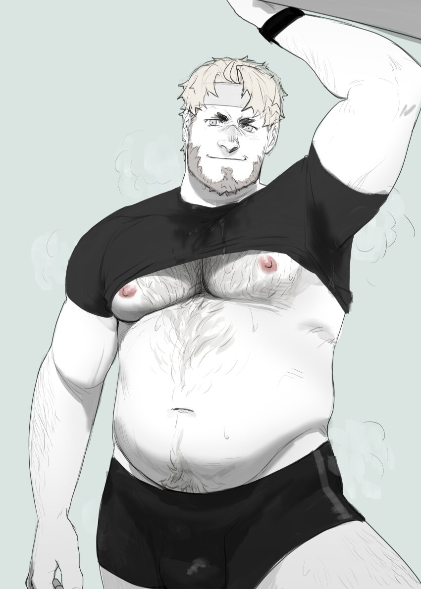 1boy, absurdres, armpit_hair, armpits, bara, bare_pectorals, barry_goodman, beard