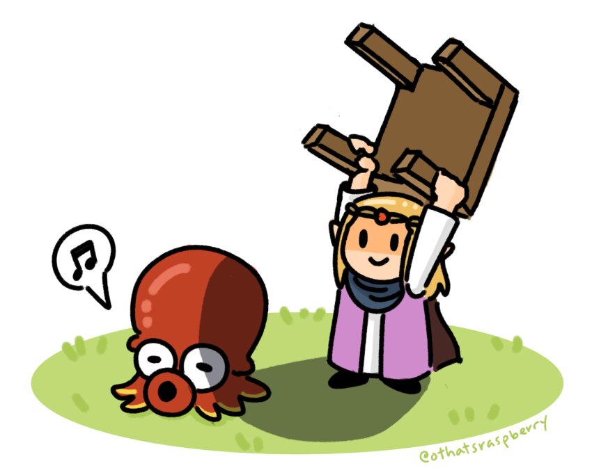 1girl, blonde_hair, cape, chibi, dress, full_body, highres, impending_doom, long_hair, maddie_(othatsraspberry), monster, nintendo, octopus, princess_zelda, simple_background, smile, solo, table, the_legend_of_zelda, the_legend_of_zelda:_echoes_of_wisdom