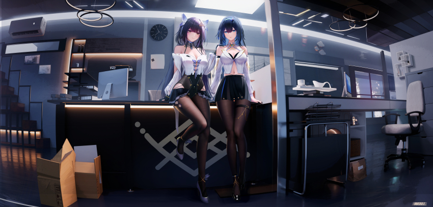 2girls, absurdres, air_conditioner, bare_shoulders, black_bra, black_hair, black_pantyhose, box