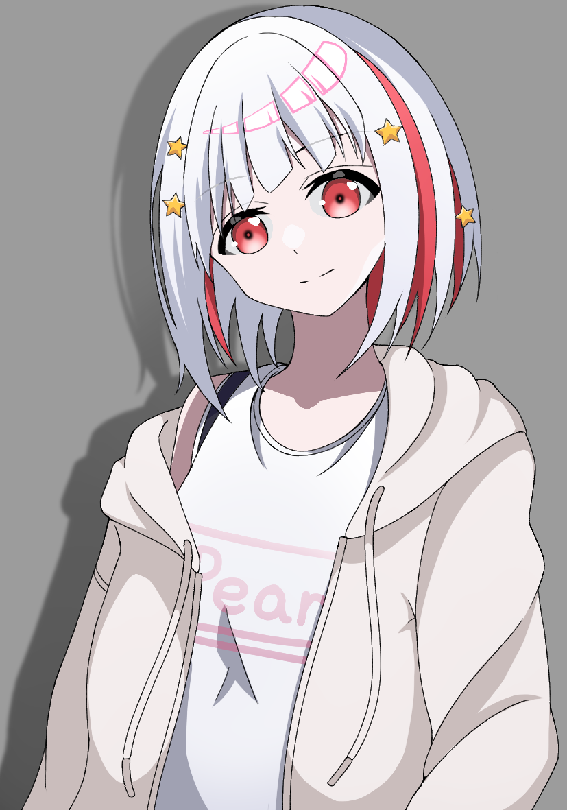 1girl, asymmetrical_bangs, bob_cut, closed_mouth, commentary_request, grey_background, hair_ornament, hood, hood_down, hooded_jacket, jacket, kai_shum, link!_like!_love_live!, long_sleeves, looking_at_viewer, love_live!, multicolored_hair, open_clothes, open_jacket, red_eyes, red_hair, shadow, shirt, short_hair, single_off_shoulder, solo, star_(symbol), star_hair_ornament, streaked_hair, upper_body, virtual_youtuber, white_hair, white_jacket, white_shirt, yugiri_tsuzuri, yugiri_tsuzuri_(summer_training_wear)