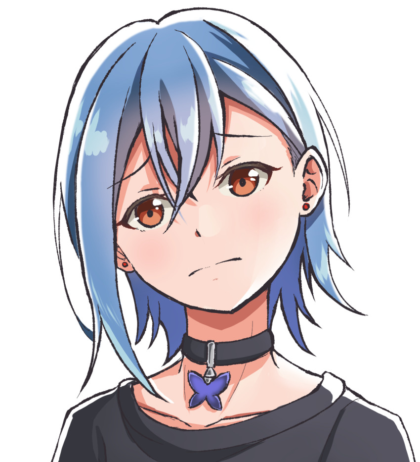 1girl, black_choker, black_shirt, blue_hair, choker, closed_mouth, collarbone, commentary_request, frown, furrowed_brow, hair_between_eyes, head_tilt, highres, kai_shum, looking_at_viewer, love_live!, love_live!_superstar!!, orange_eyes, portrait, shirt, short_hair, solo, upper_body, wakana_shiki, white_background