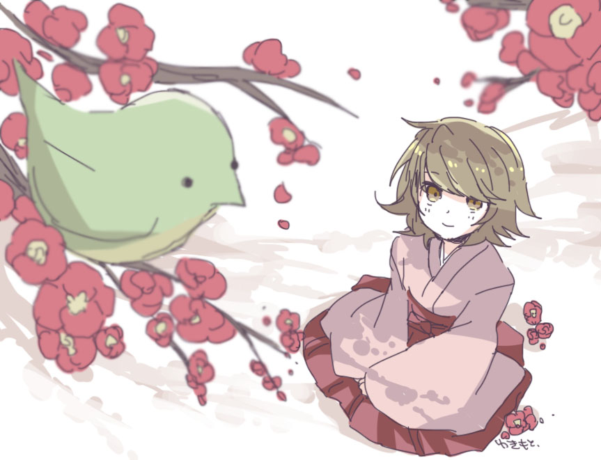 1boy, bird, bow, branch, brown_eyes, brown_hair, closed_mouth, commentary_request, danganronpa:_trigger_happy_havoc, danganronpa_(series), falling_petals, flower, fujisaki_chihiro, full_body, green_bird, hakama, japanese_clothes, kimono, kneeling, long_sleeves, looking_at_animal, male_focus, mikan_tabetai, petals, pink_kimono, plum_blossoms, red_bow, red_flower, red_hakama, shadow, short_hair, short_kimono, signature, simple_background, sleeves_past_wrists, smile, solo, trap, waist_bow, white_background, wide_sleeves