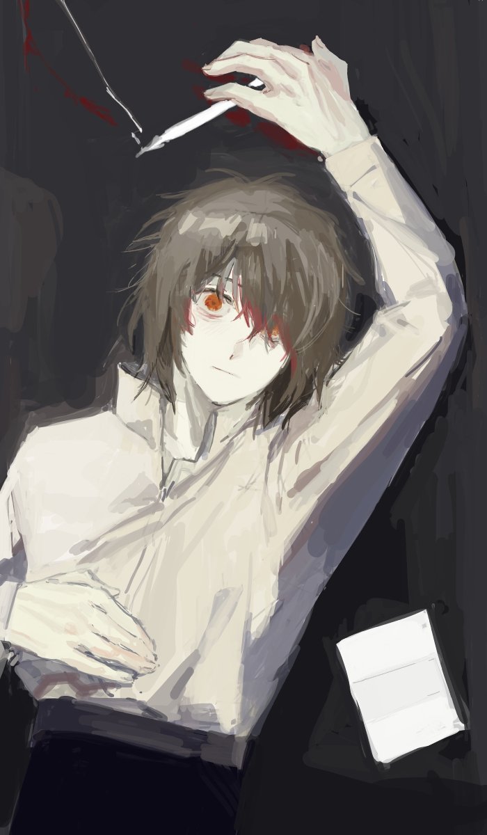 1boy, black_pants, blood, blood_in_hair, brown_hair, collared_shirt, commentary_request, hair_over_one_eye