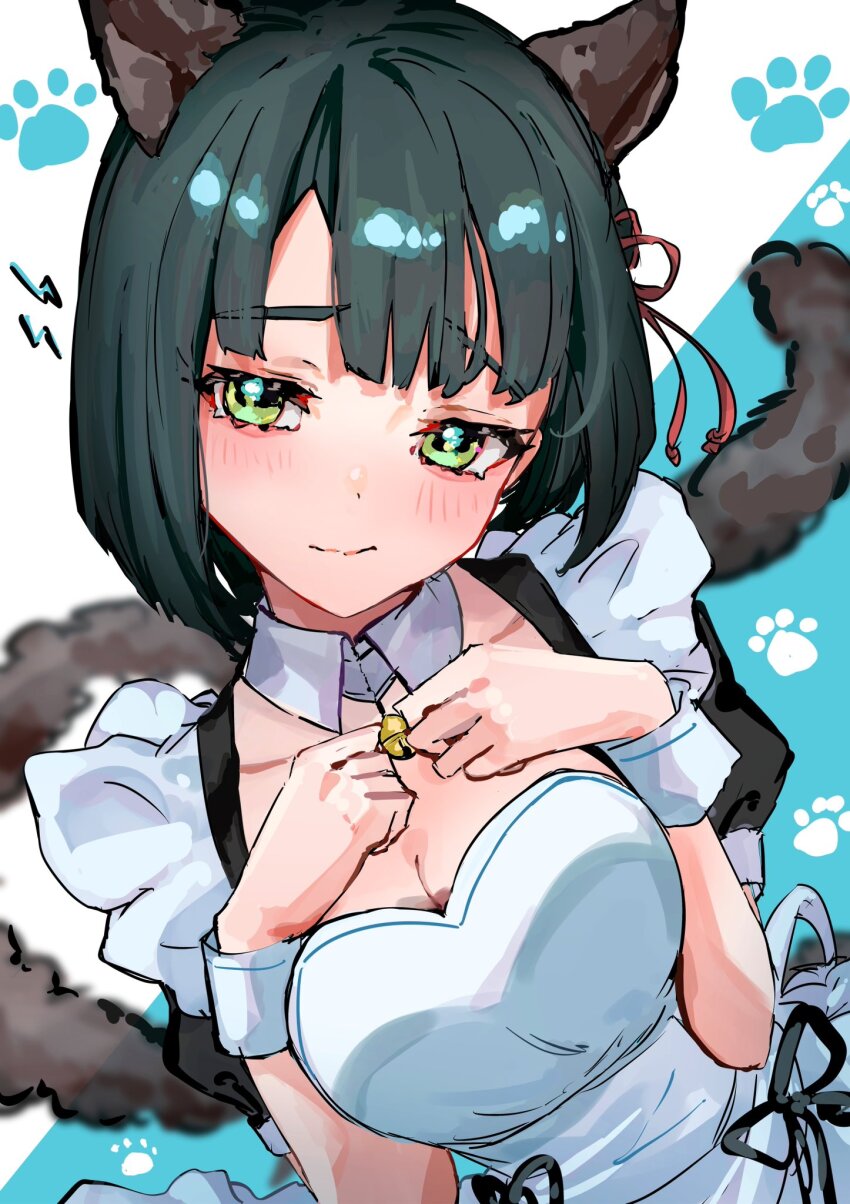 1girl, alternate_costume, animal_ears, animal_hands, bell, black_hair, blush, breasts