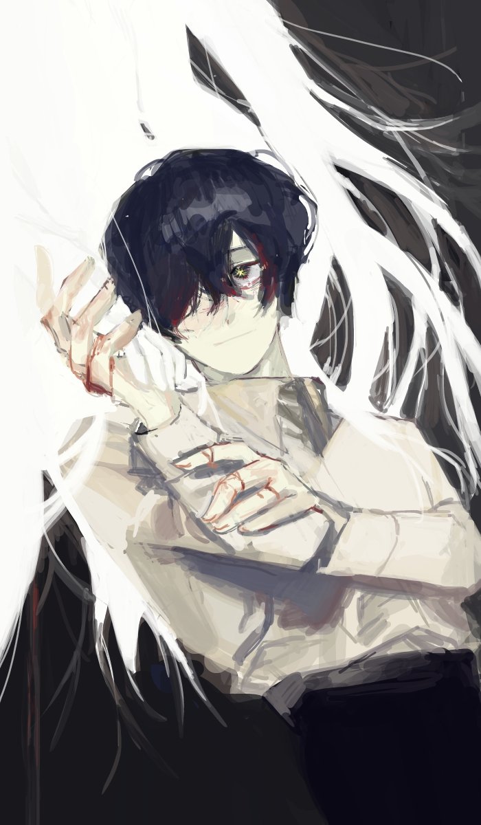 2boys, black_hair, black_pants, blood, blood_on_hands, closed_mouth, collared_shirt, commentary_request