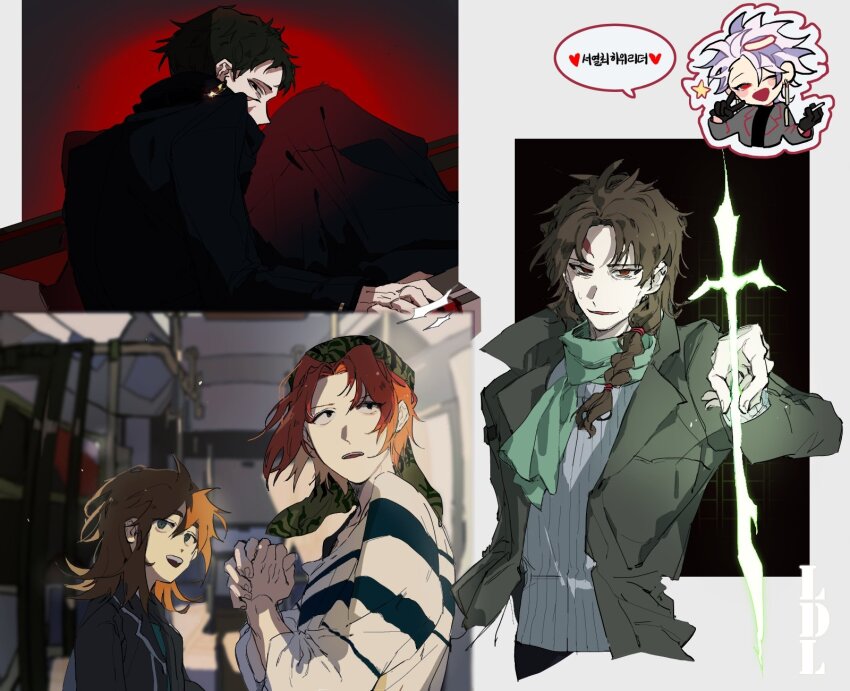 1girl, 4boys, ;d, annie_(saibou_shinkyoku), aqua_eyes, aqua_shirt, bandana, black_gloves