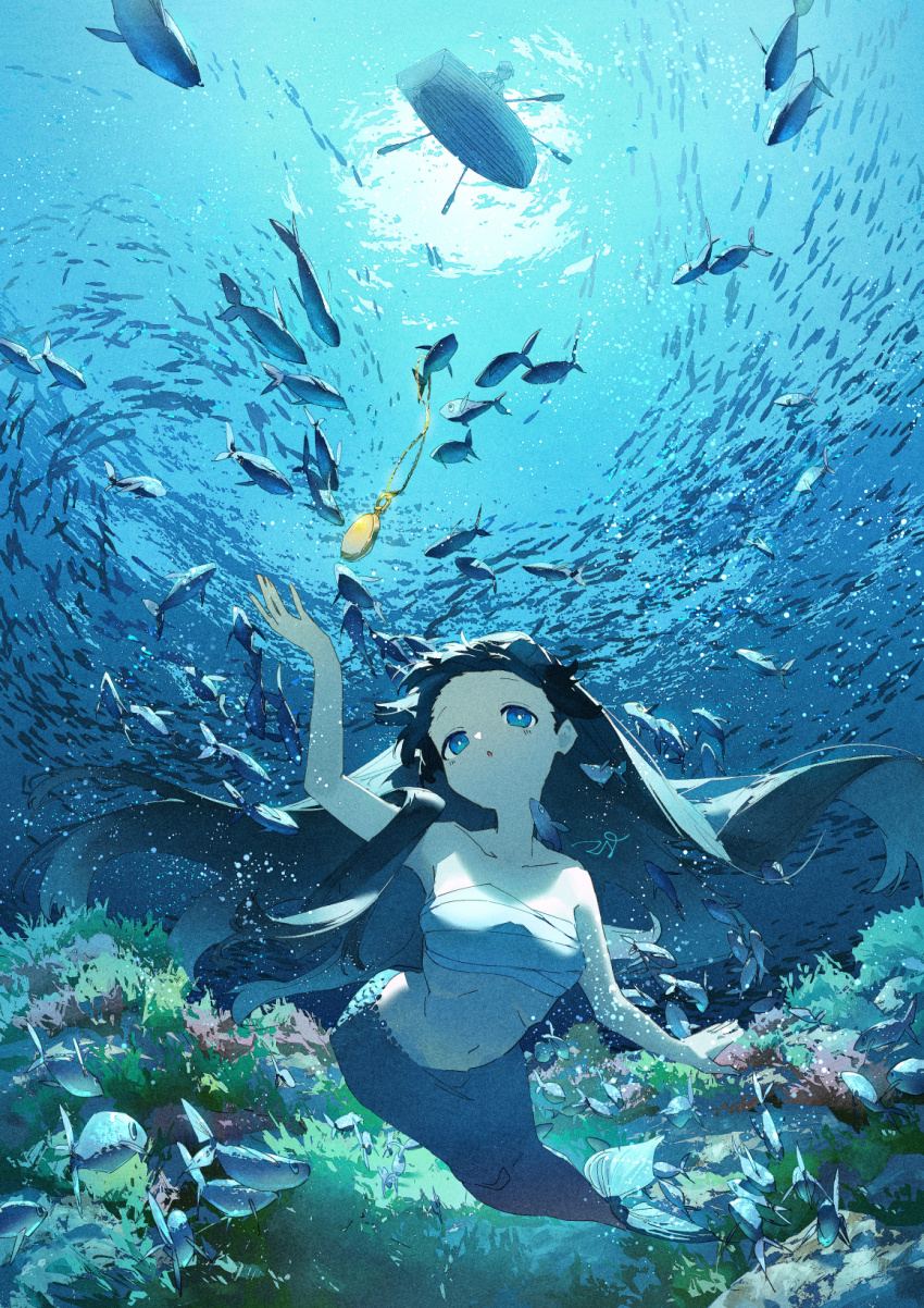 1boy, 1girl, :o, bare_arms, bare_shoulders, black_hair, blue_eyes, blue_tail