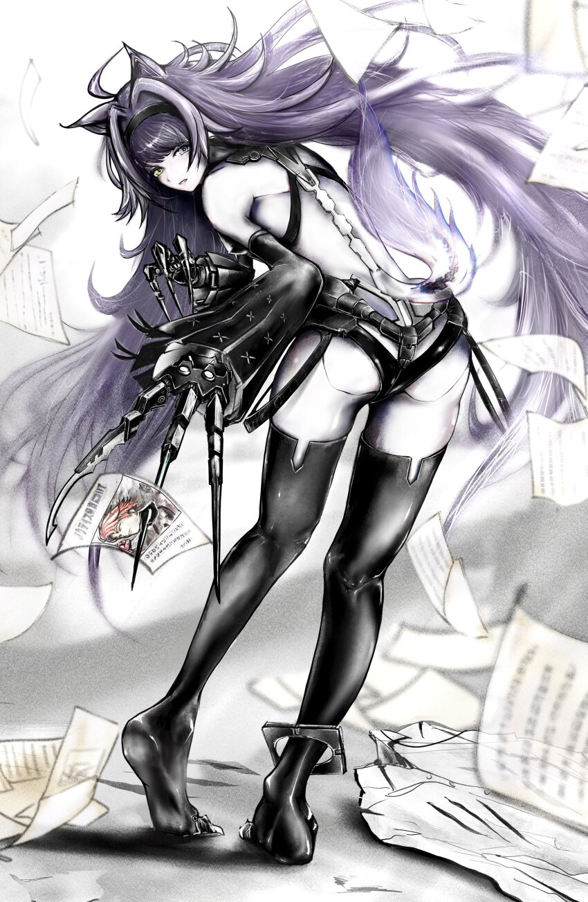 1girl, absurdres, ahoge, animal_ears, backless_outfit, black_hairband, black_thighhighs, claws, detached_sleeves, grey_eyes, grey_hair, hair_intakes, hairband, highres, long_hair, looking_at_viewer, looking_back, mechabare, mechanical_ears, mechanical_hands, mechanical_tail, mu_mi, no._21:_feral_(pgr), no._21_(pgr), noctis_(pgr), punishing:_gray_raven, sleeves_past_wrists, solo, tail, thighhighs, very_long_hair, wolf_ears, wolf_tail